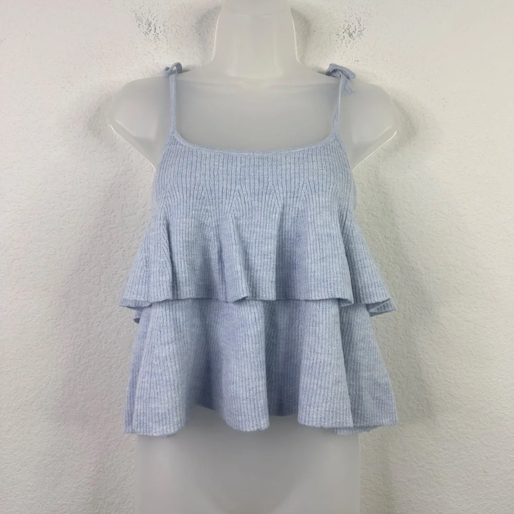 J.Crew Tank Top Sweater Women S Blue Merino Wool Ribbed Tiered Ruffle Minimalist